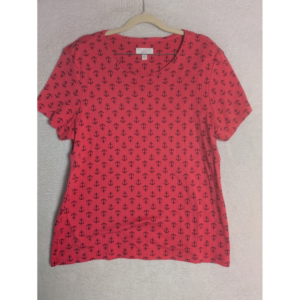 Charter Club T-Shirt Women's L Coral Pink Anchor Print Short Sleeve Pima Cotton